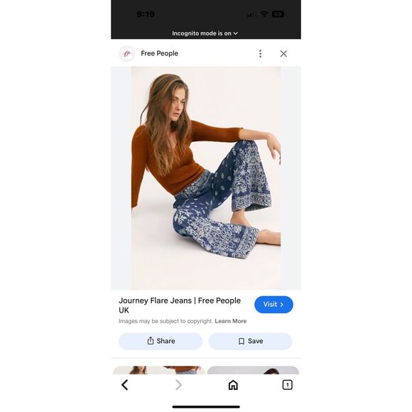 Free People Journey Bell Bottom Tribal Pattern Blue Denim Jeans Size 27 - Picture 1 of 11